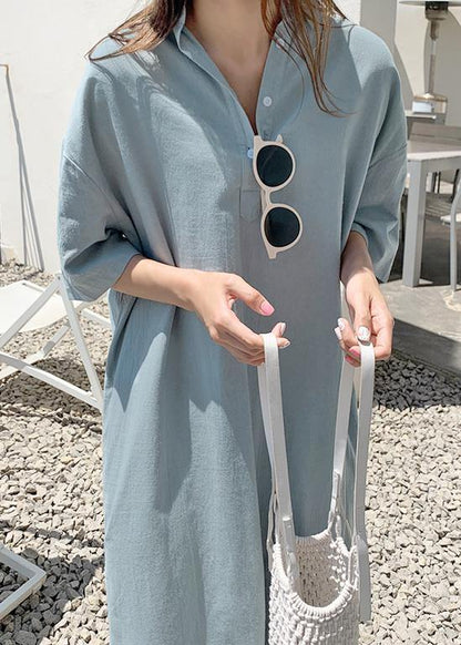 Loose blue cotton linen Robes v neck side open long Dresses - SooLinen
