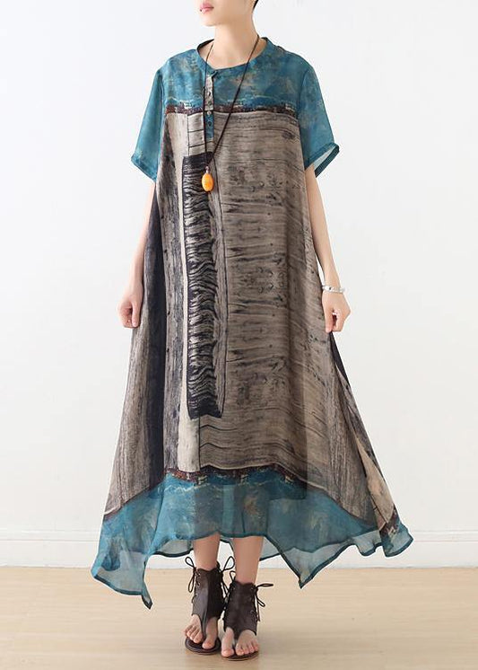 Loose blue gray print chiffon Wardrobes Korea Work o neck asymmetric A Line summer Dress - SooLinen
