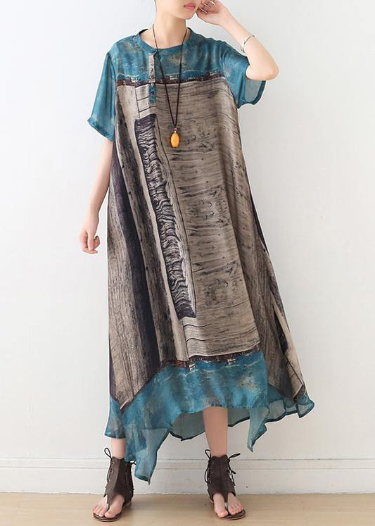 Loose blue gray print chiffon Wardrobes Korea Work o neck asymmetric A Line summer Dress - SooLinen