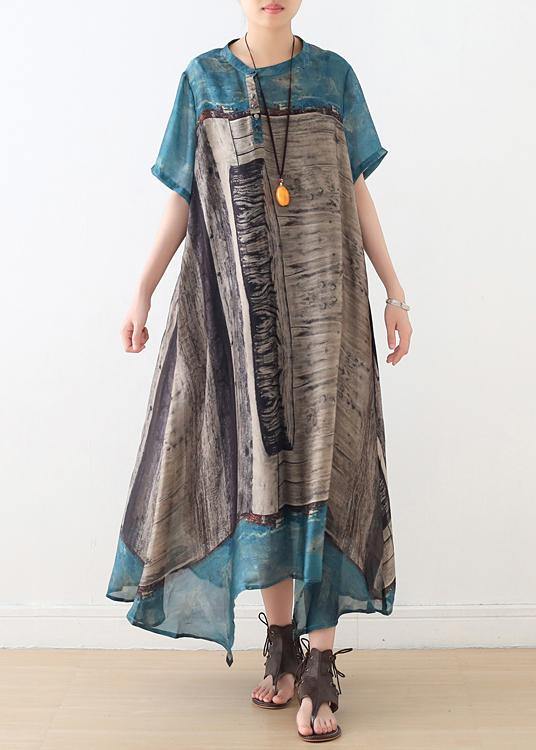 Loose blue gray print chiffon Wardrobes Korea Work o neck asymmetric A Line summer Dress - SooLinen