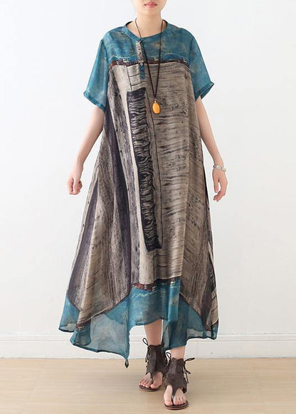 Loose blue gray print chiffon Wardrobes Korea Work o neck asymmetric A Line summer Dress - SooLinen