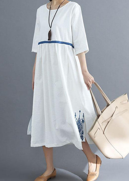 Loose blue linen clothes For Women embroidery Plus Size Clothing summer dress - SooLinen
