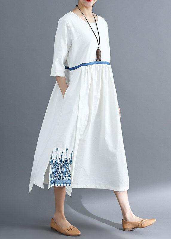 Loose blue linen clothes For Women embroidery Plus Size Clothing summer dress - SooLinen