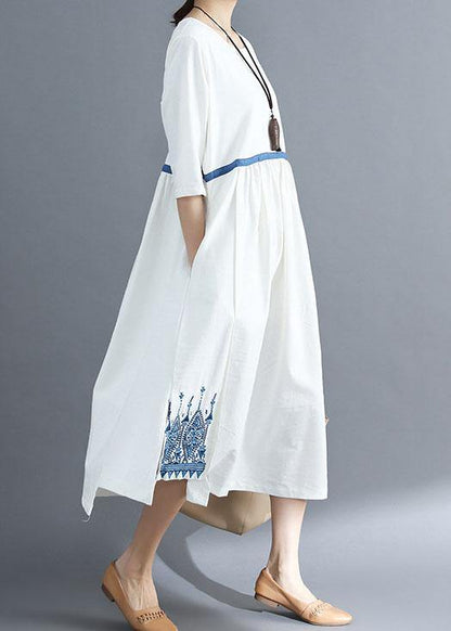 Loose blue linen clothes For Women embroidery Plus Size Clothing summer dress - SooLinen