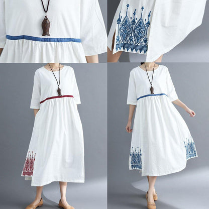 Loose blue linen clothes For Women embroidery Plus Size Clothing summer dress - SooLinen