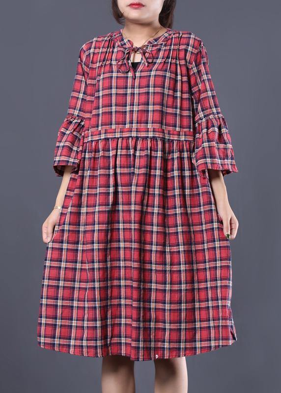 Loose blue plaid cotton tunic dress v neck A Line summer Dress - SooLinen