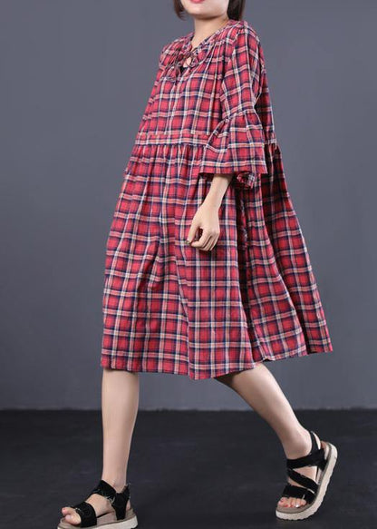 Loose blue plaid cotton tunic dress v neck A Line summer Dress - SooLinen