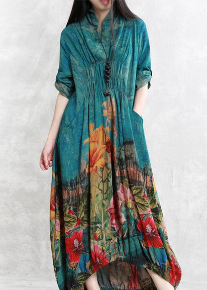 Loose blue print clothes For Women Cinched asymmetric Dresses - SooLinen