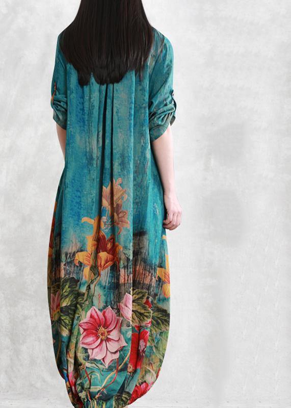 Loose blue print clothes For Women Cinched asymmetric Dresses - SooLinen