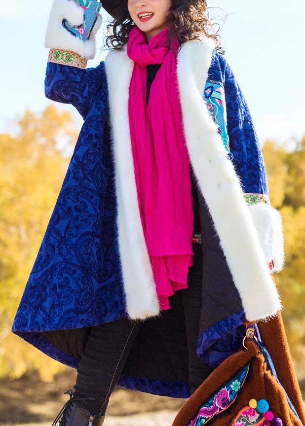 Loose faux fur collar fine embroidery outfit blue Dresses outwears - SooLinen