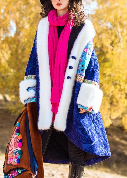 Loose faux fur collar fine embroidery outfit blue Dresses outwears - SooLinen