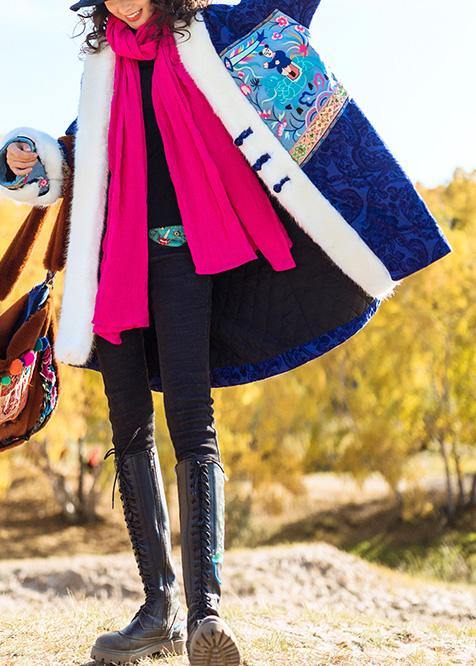 Loose faux fur collar fine embroidery outfit blue Dresses outwears - SooLinen