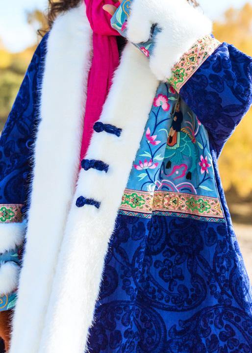 Loose faux fur collar fine embroidery outfit blue Dresses outwears - SooLinen