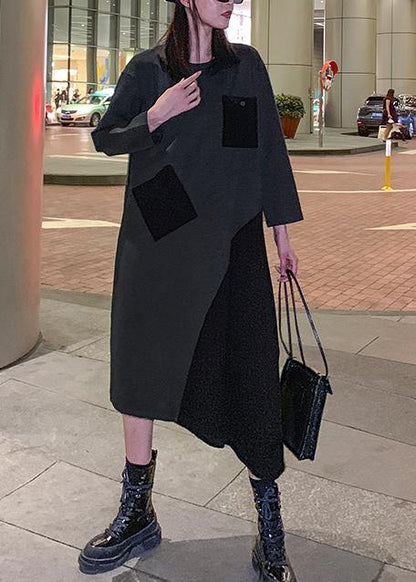 Loose gray cotton dresses patchwork Maxi winter Dress - SooLinen