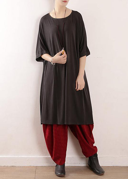 Loose gray silk Tunics 2019 o neck large hem A Line Summer Dresses - SooLinen