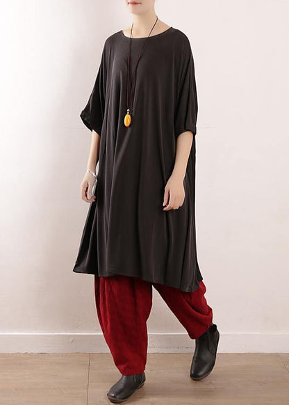 Loose gray silk Tunics 2019 o neck large hem A Line Summer Dresses - SooLinen