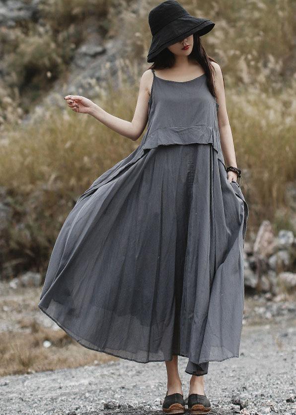 Loose gray sleeveless linen outfit loose waist Maxi summer Dress - SooLinen