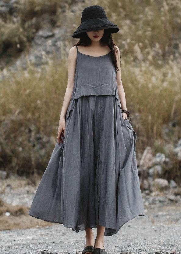 Loose gray sleeveless linen outfit loose waist Maxi summer Dress - SooLinen