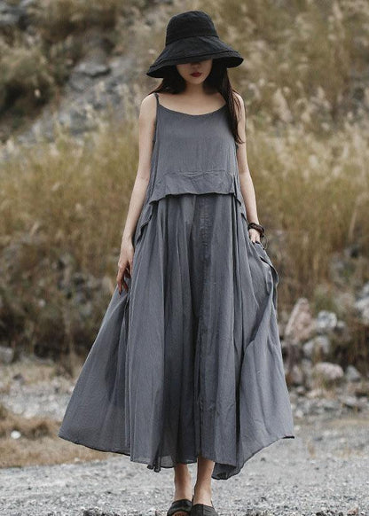 Loose gray sleeveless linen outfit loose waist Maxi summer Dress - SooLinen