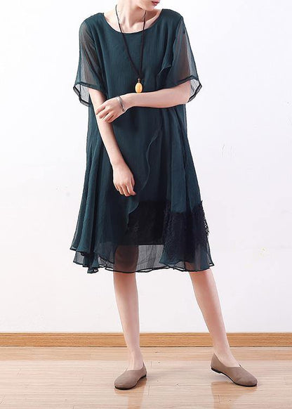 Loose green Chiffon quilting clothes Casual Wardrobes layered Knee summer Dresses - SooLinen