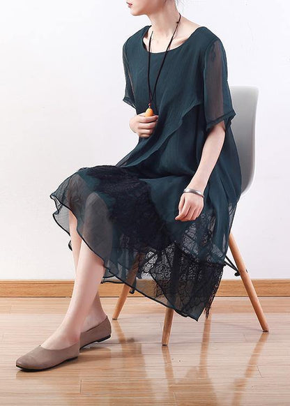 Loose green Chiffon quilting clothes Casual Wardrobes layered Knee summer Dresses - SooLinen