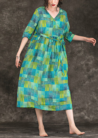 Loose green linen clothes Vintage Fabrics v neck tie waist linen robes Summer Dress