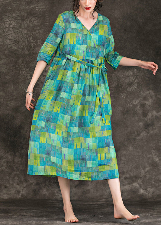 Loose green linen clothes Vintage Fabrics v neck tie waist linen robes Summer Dress