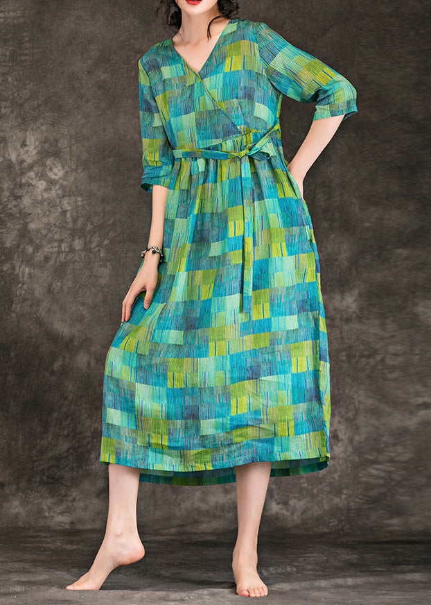Loose green linen clothes Vintage Fabrics v neck tie waist linen robes Summer Dress