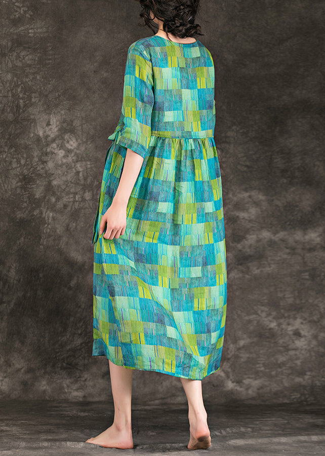 Loose green linen clothes Vintage Fabrics v neck tie waist linen robes Summer Dress