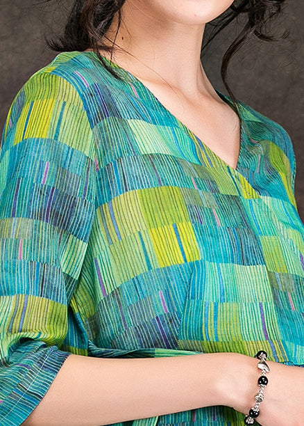 Loose green linen clothes Vintage Fabrics v neck tie waist linen robes Summer Dress