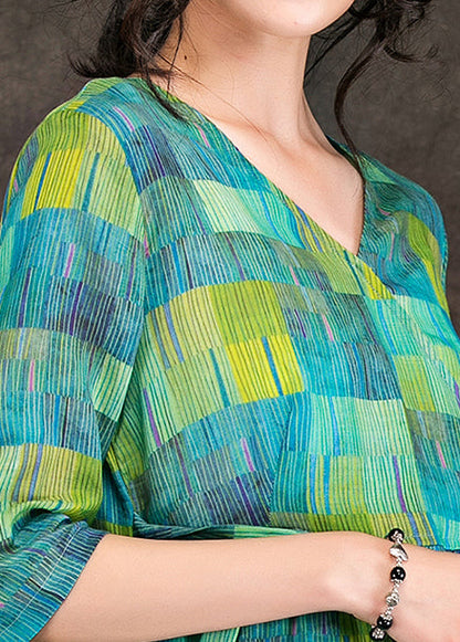 Loose green linen clothes Vintage Fabrics v neck tie waist linen robes Summer Dress