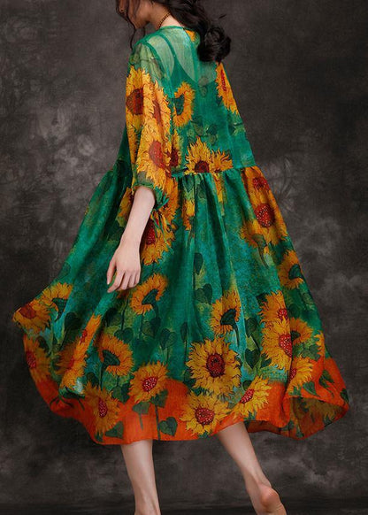 Loose green print clothes For Women o neck Cinched Maxi summer Dresses - SooLinen