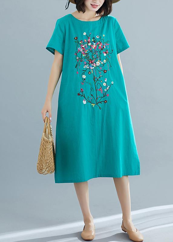 Loose green prints Cotton dresses Women pattern o neck Plus Size summer Dresses - SooLinen