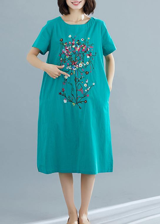 Loose green prints Cotton dresses Women pattern o neck Plus Size summer Dresses - SooLinen
