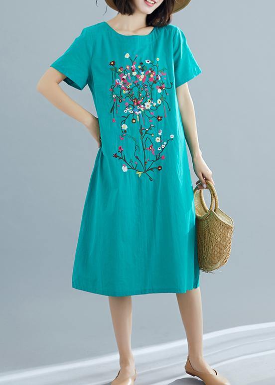 Loose green prints Cotton dresses Women pattern o neck Plus Size summer Dresses - SooLinen