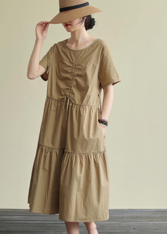 Loose khaki cotton Tunics o neck drawstring Traveling summer Dress - SooLinen