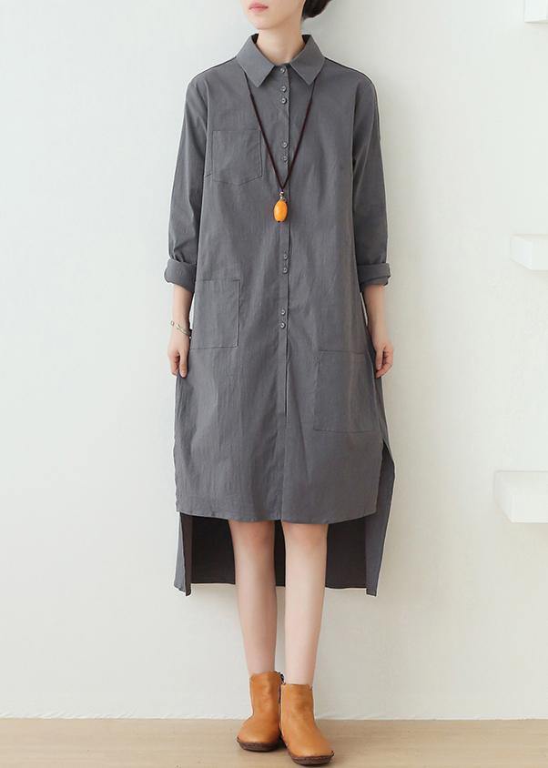 Loose lapel low high design quilting dresses design gray Dresses - SooLinen