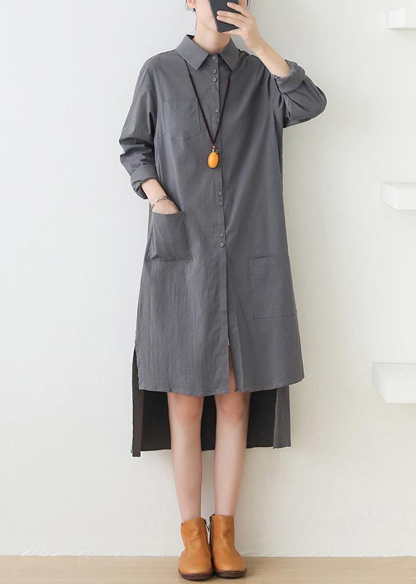 Loose lapel low high design quilting dresses design gray Dresses - SooLinen