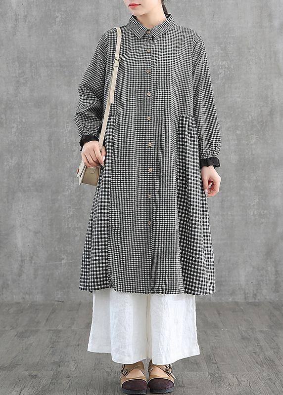 Loose lapel patchwork cotton Wardrobes Tunic Tops yellow plaid Dress - SooLinen