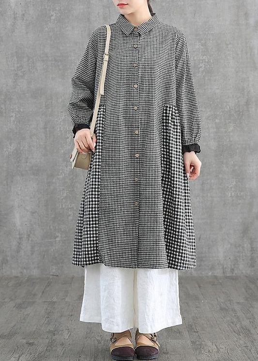 Loose lapel patchwork cotton Dresses Wardrobes Tunic Tops yellow plaid Dress - SooLinen