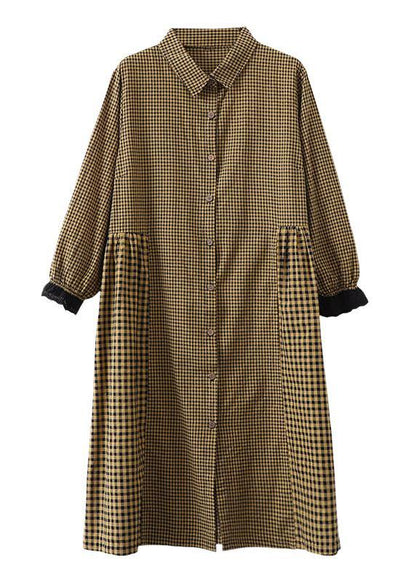 Loose lapel patchwork cotton Dresses Wardrobes Tunic Tops yellow plaid Dress - SooLinen