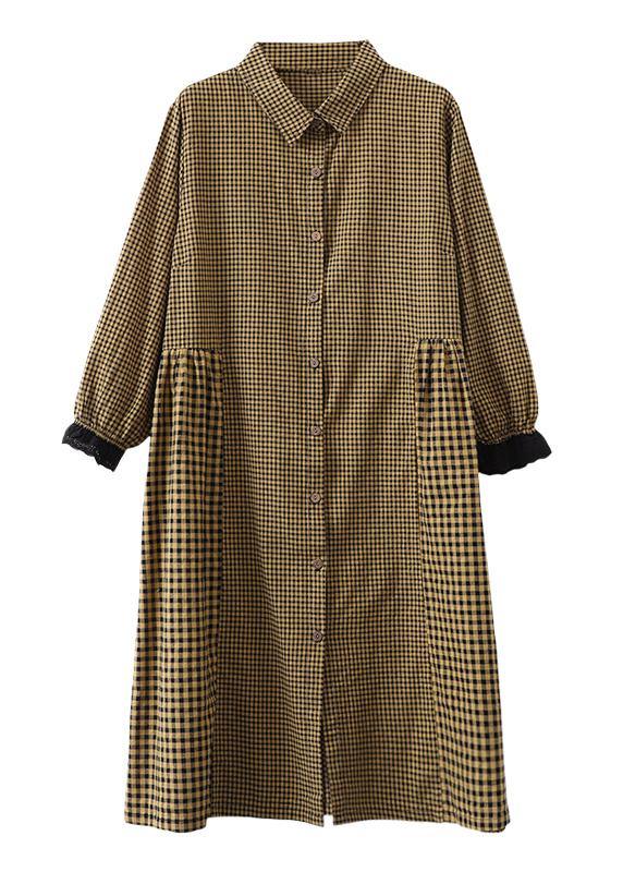 Oversize patchwork cotton Dresses Wardrobes Tunic Tops yellow plaid Dress - SooLinen