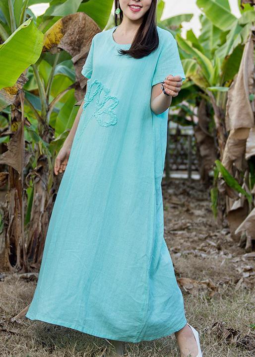 Loose light blue linen dress o neck pockets Love summer Dress - SooLinen