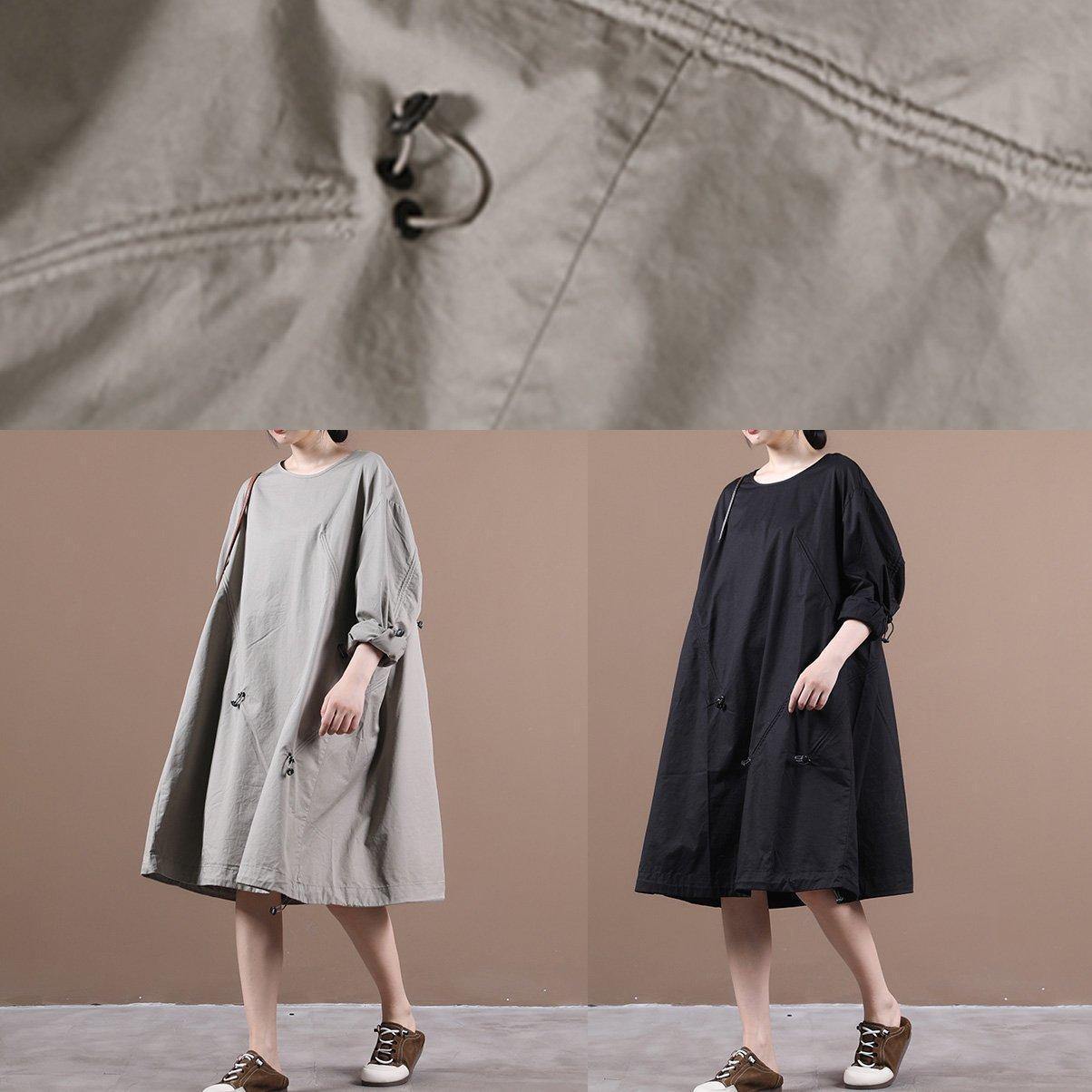 Loose light gray outfit o neck drawstring short Dresses - SooLinen