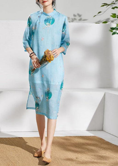 Loose light green print linen dress stand collar patchwork Knee Dress - SooLinen