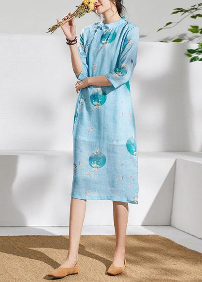 Loose light green print linen dress stand collar patchwork Knee Dress - SooLinen
