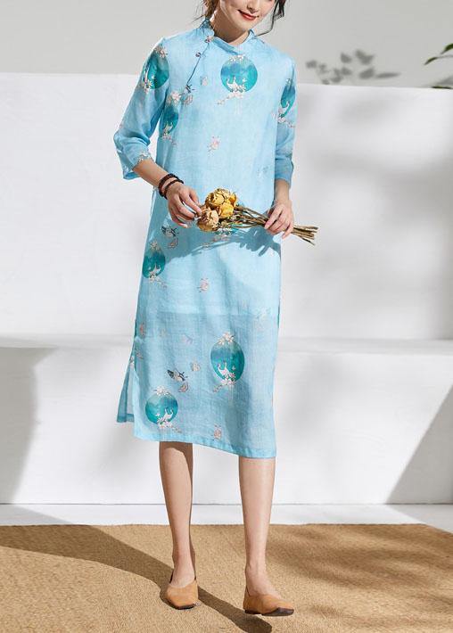 Loose light green print linen dress stand collar patchwork Knee Dress - SooLinen