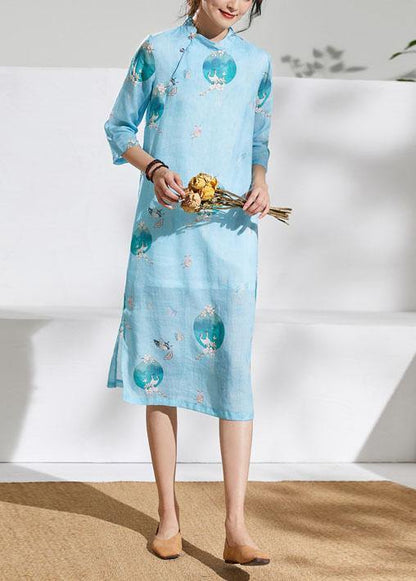 Loose light green print linen dress stand collar patchwork Knee Dress - SooLinen