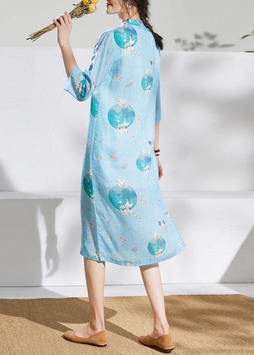 Loose light green print linen dress stand collar patchwork Knee Dress - SooLinen