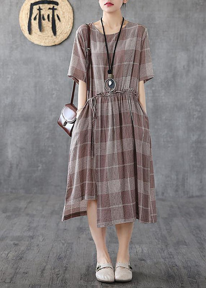 Loose light purple plaid cotton Robes o neck asymmetric Maxi Dress - SooLinen
